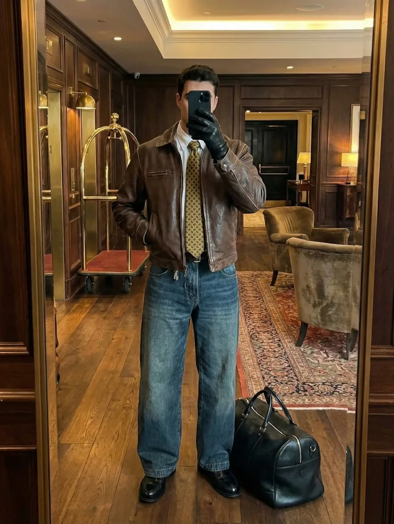 Brown Leather Flight Jacket with Patterned Gold Tie and Wide-Leg Denim
