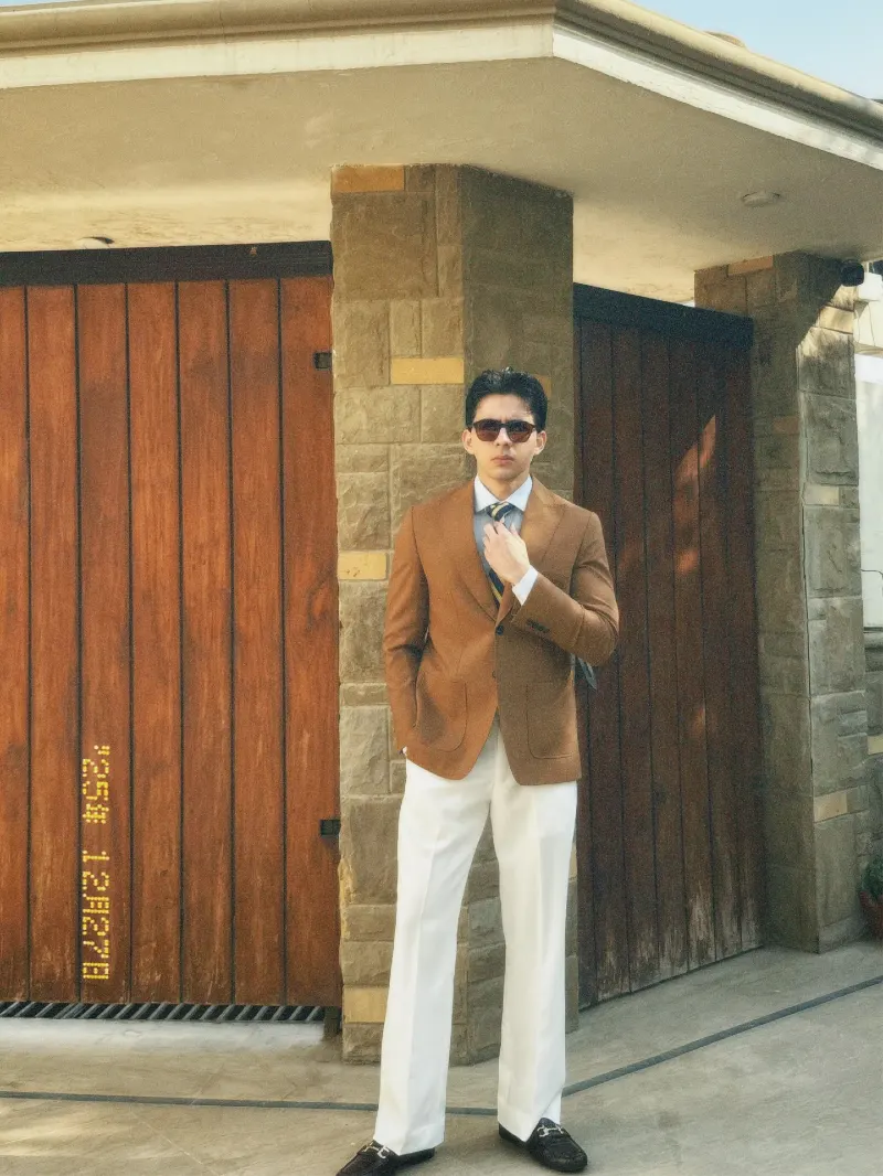 Brown Patch Pocket Blazer with White Trousers and Striped Tie
