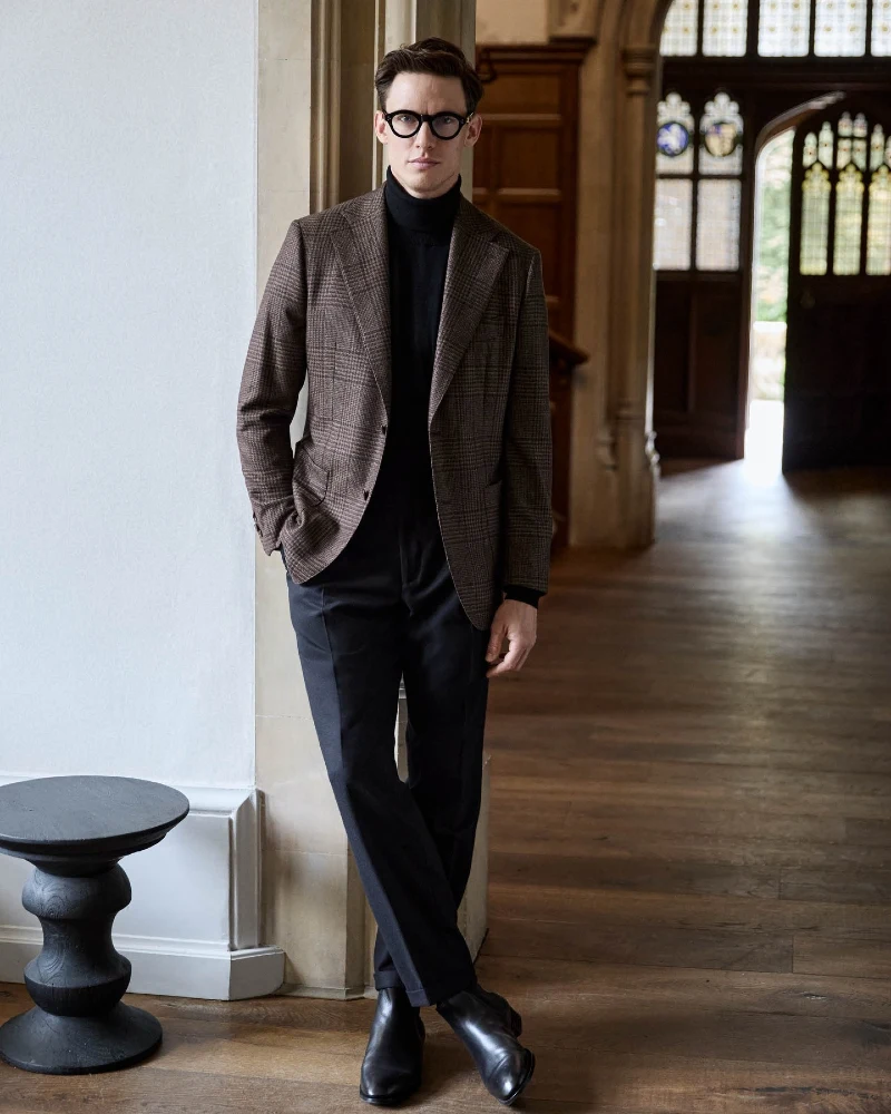 Brown Plaid Sport Coat with Black Turtleneck and Leather Boots