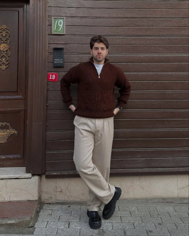 Brown Ribbed Half-Zip Sweater with Beige Pleated Trousers