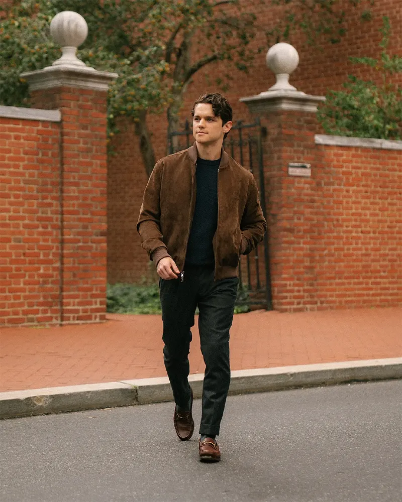 Brown Suede Bomber Jacket with Charcoal Trousers and Loafers