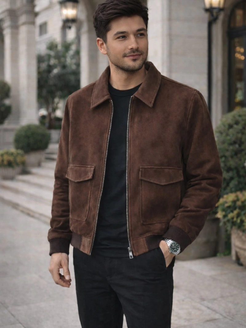 Brown Suede Bomber Jacket with Dark Crewneck and Trousers