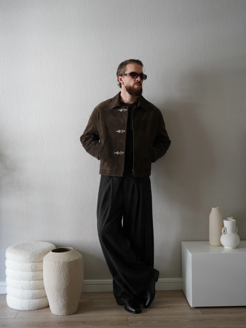 Brown Suede Clasp Jacket with Flowing Black Trousers