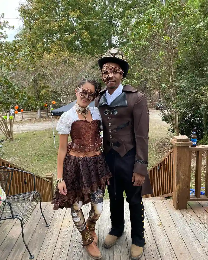 Brown Victorian Steampunk Tailcoat with Top Hat and Gilded Filigree Mask