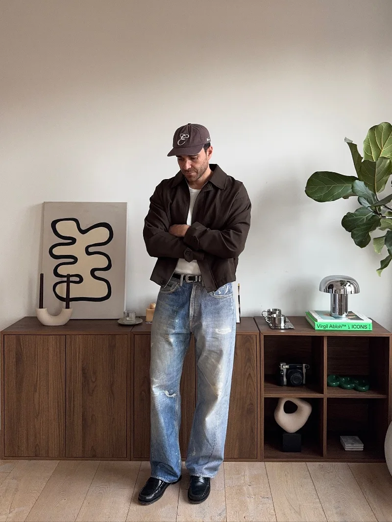 Brown Work Jacket with White T-Shirt and Distressed Denim