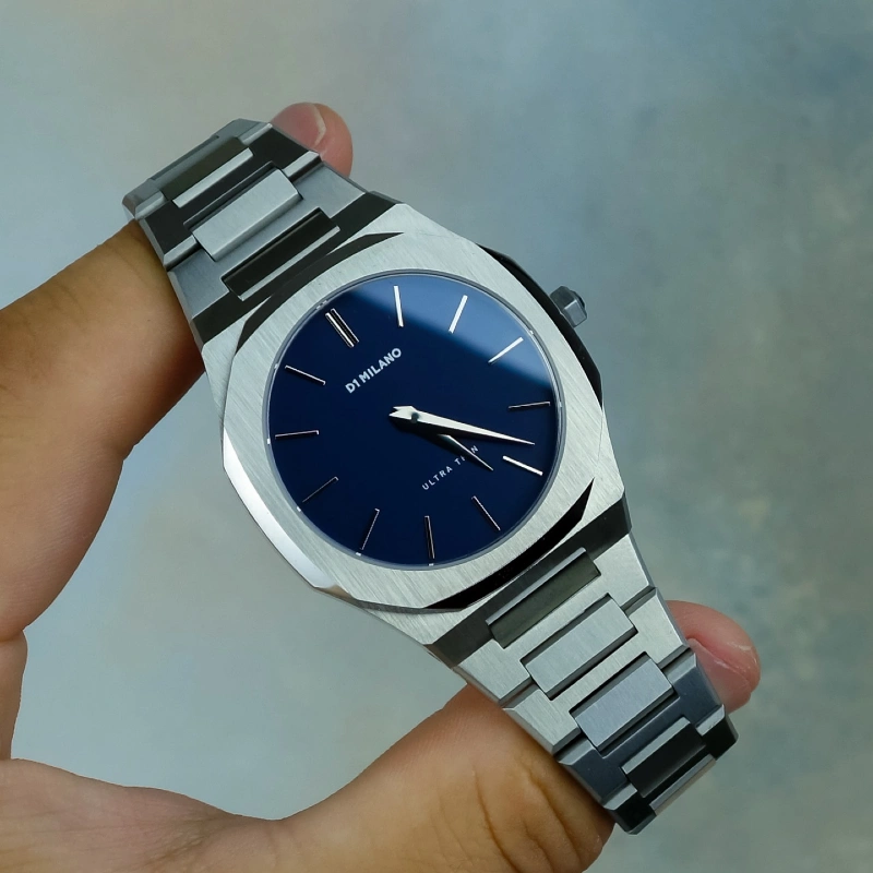 Brushed Steel Integrated Bracelet Watch with Deep Blue Dial