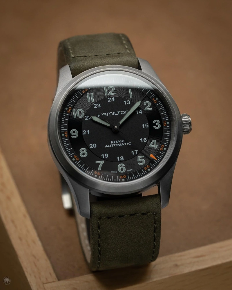 Brushed Titanium Field Watch with Olive Suede Strap