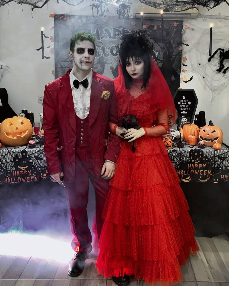 Burgundy Beetlejuice Suit and Crimson Tiered Gown