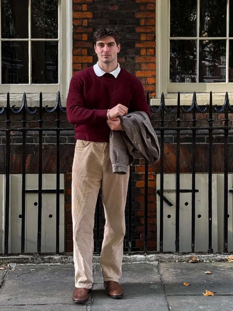 Burgundy Crewneck Sweater with Beige Corduroy Trousers