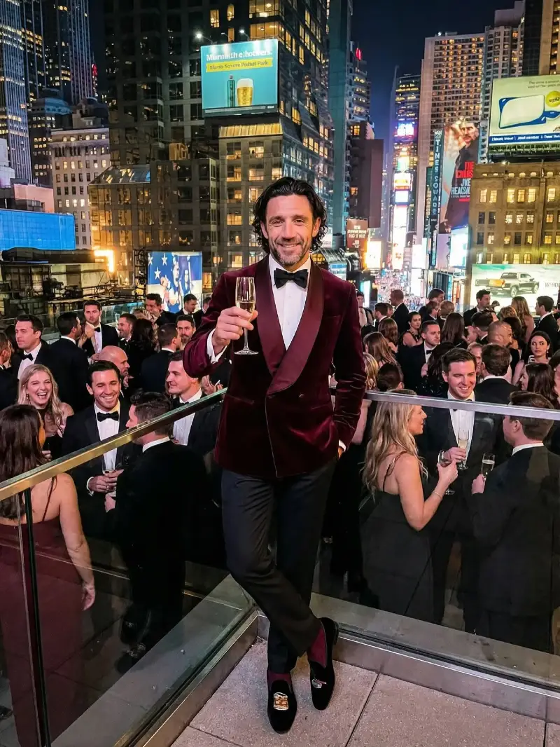 Burgundy Double-Breasted Velvet Jacket with Embroidered Loafers