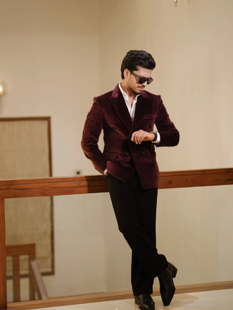 Burgundy Double-Breasted Velvet Jacket with Open White Shirt