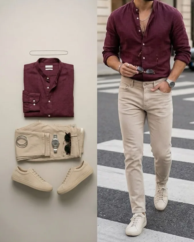 Burgundy Linen Band Collar & Sand Chinos — The Smart-Casual Commute