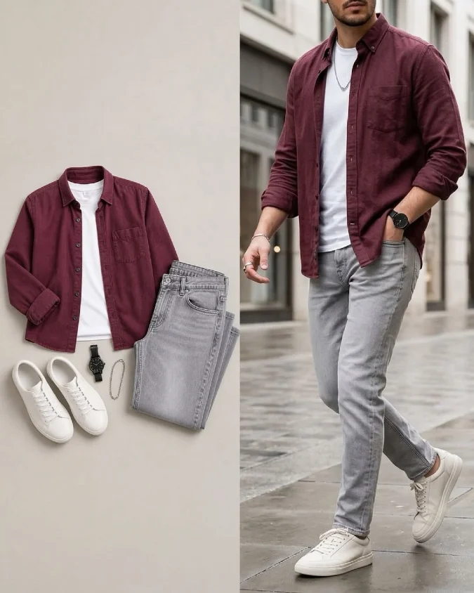 Burgundy Overshirt with Slim-Straight Grey Denim - Elevated City Date Attire