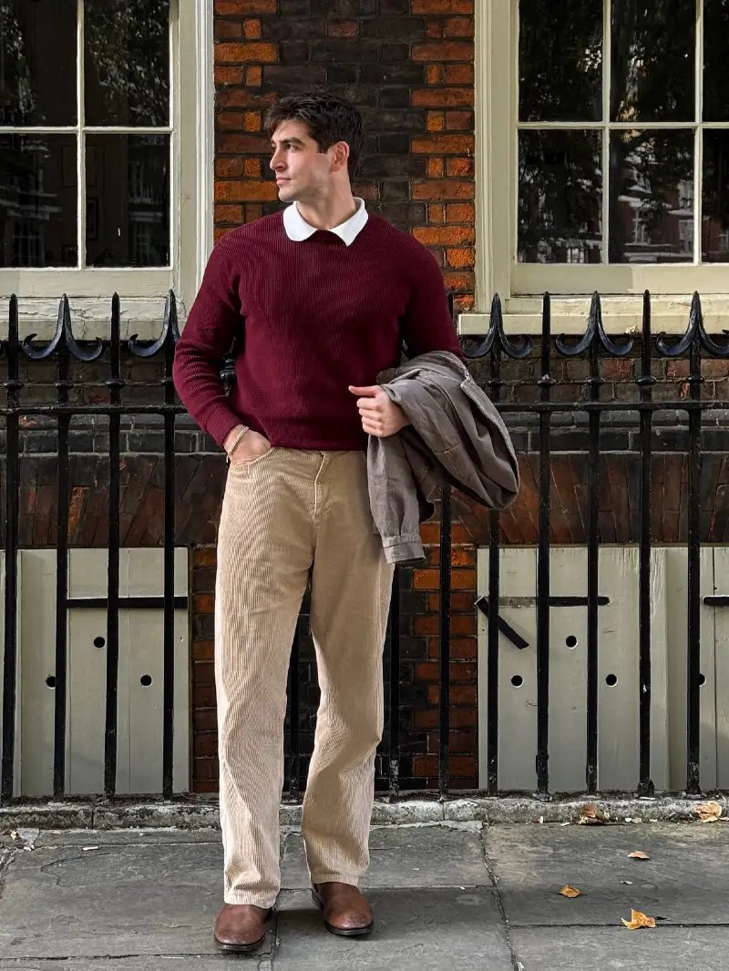 Burgundy Ribbed Sweater with Tan Corduroys and Leather Boots