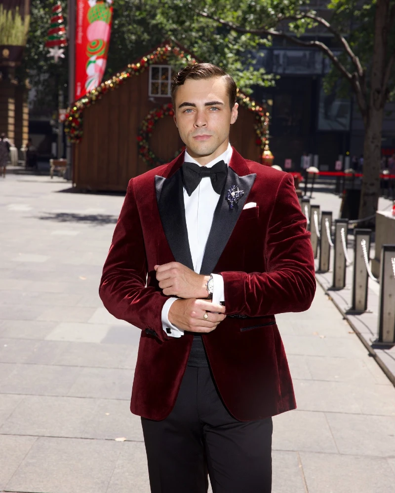 Burgundy Velvet Tuxedo Jacket with Black Satin Lapels and Lapel Pin