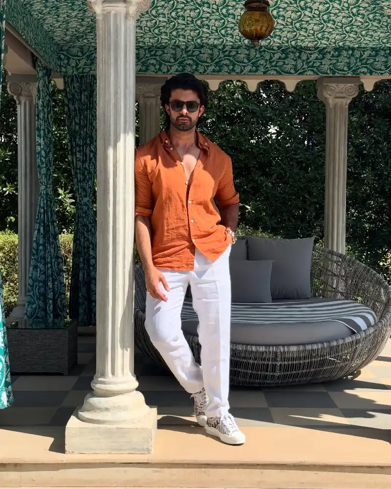 Burnt Orange Linen Shirt with Crisp White Trousers