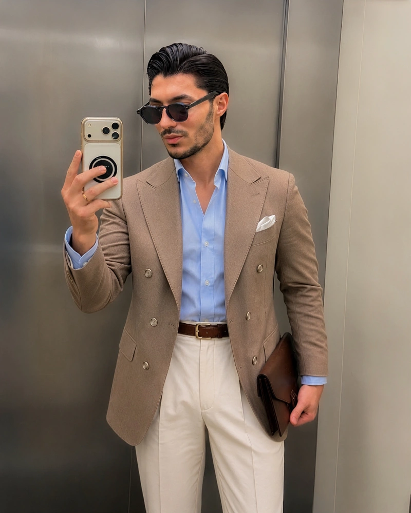 Camel Double-Breasted Blazer with Light Blue Shirt and Cream Trousers