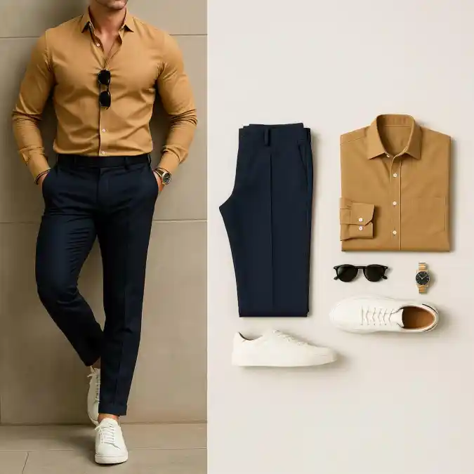 Camel & Navy Smart-Casual - Transitioning Between Client Meetings and Weekend Getaways