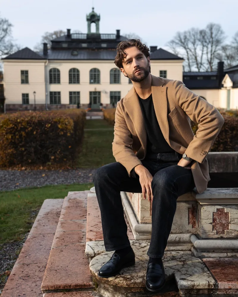 Camel Sport Coat with Black Denim and Black Loafers