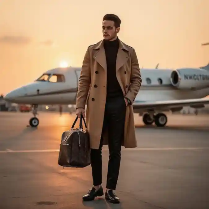 Caramel Double-Breasted Trench and Deep Onyx Layering – Elevated Jet-Set Casual
