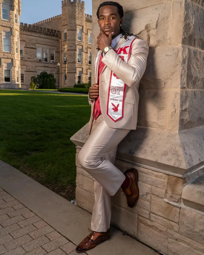 Champagne Sateen Three-Piece Suit with Custom Fraternity Stole – Personalized Polish for Summer Milestones