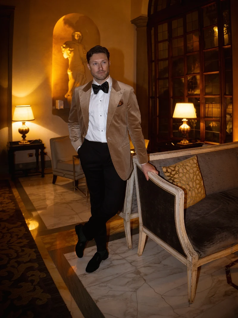 Champagne Velvet Dinner Jacket with Black Trousers and Bow Tie