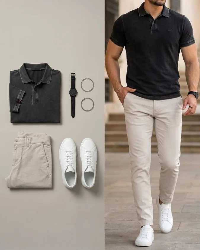 Charcoal Knit Polo and Stone Chinos — The Smart-Casual Office Pivot