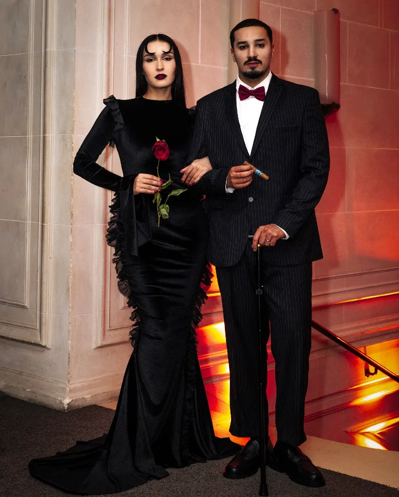Charcoal Pinstripe Gomez Addams Suit with Burgundy Bowtie and Cigar