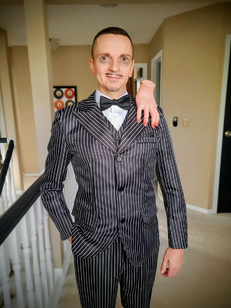 Charcoal Pinstripe Three-Piece Suit with Peak Lapels and Bowtie