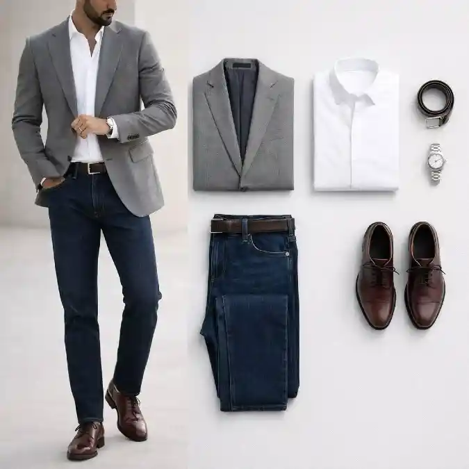 Charcoal Textured Blazer with Dark Denim - Professionalism Reimagined for Hybrid Work
