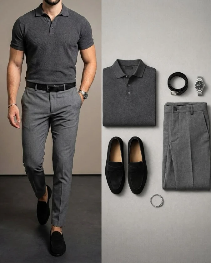 Charcoal Textured Polo and Slate Gray Trousers - Dark Academia for Warm City Commutes