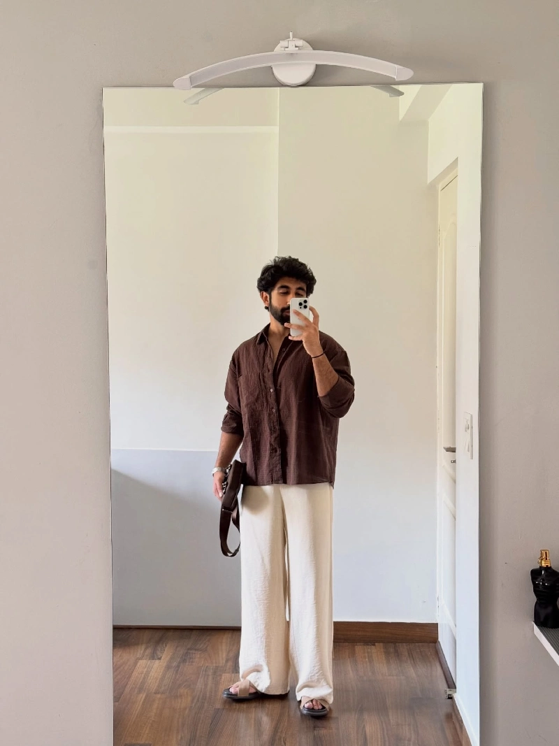 Chocolate Brown Relaxed Shirt with Ultra-Wide Cream Trousers