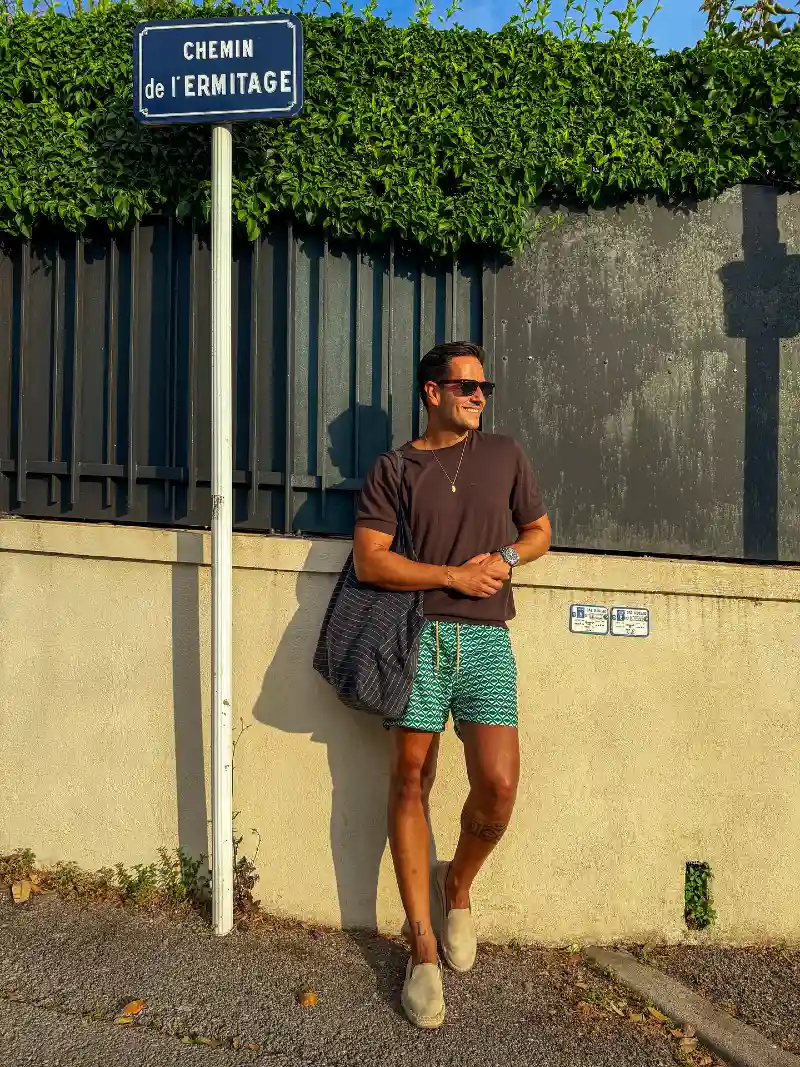 Chocolate Brown T-Shirt with Patterned Swim Shorts and Suede Espadrilles