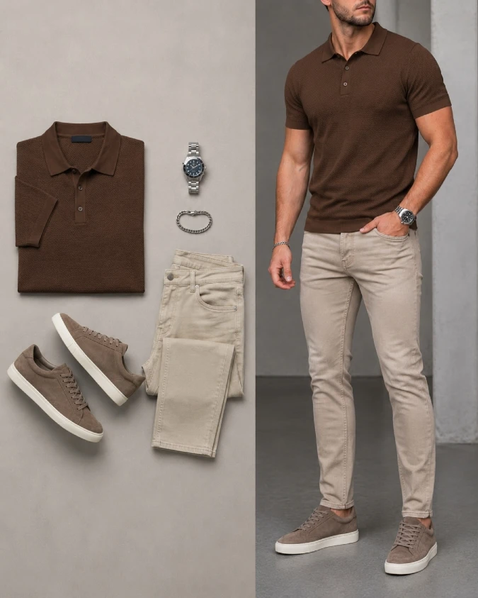 Chocolate Knit Polo and Stone Straight-Leg Trousers - Academic Summer Comfort