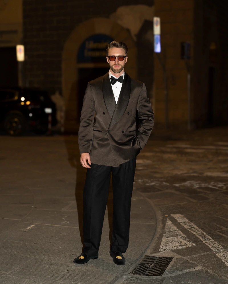 Chocolate Satin Double-Breasted Dinner Jacket with Relaxed Black Trousers and Embroidered Slippers
