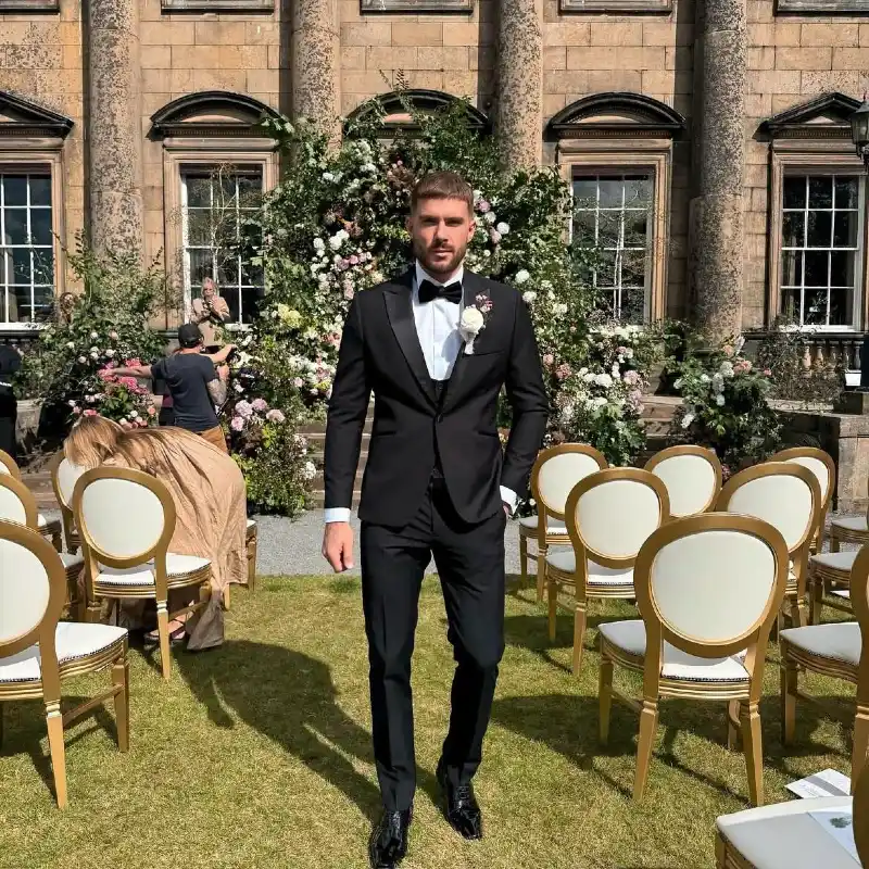 Classic Black Three-Piece Tuxedo with Satin Shawl Lapel and Patent Oxfords