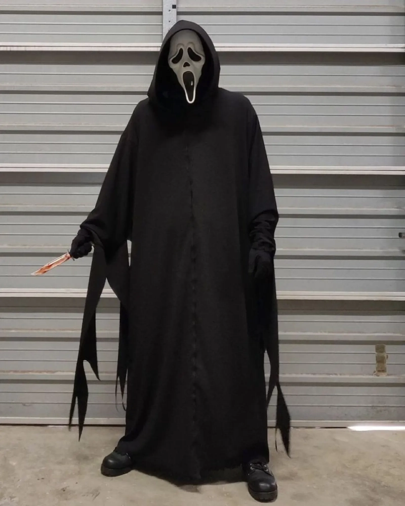 Classic Hooded Ghostface Robe with Fringed Drapes and Combat Boots