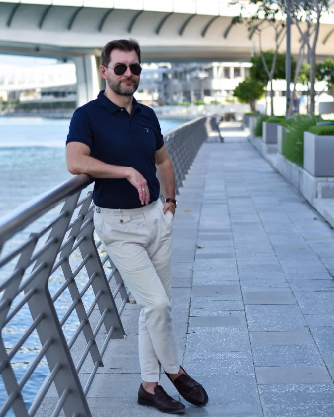 Clean Navy and Sand Relaxed-Fit Resort Wear - Elevating Summer Polo Shirt Outfits