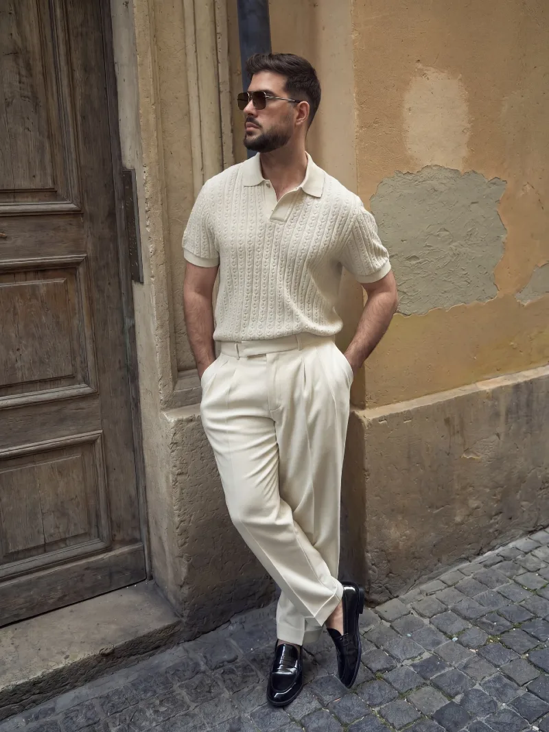 Cream Cable-Knit Polo with Ivory Trousers and Black Loafers