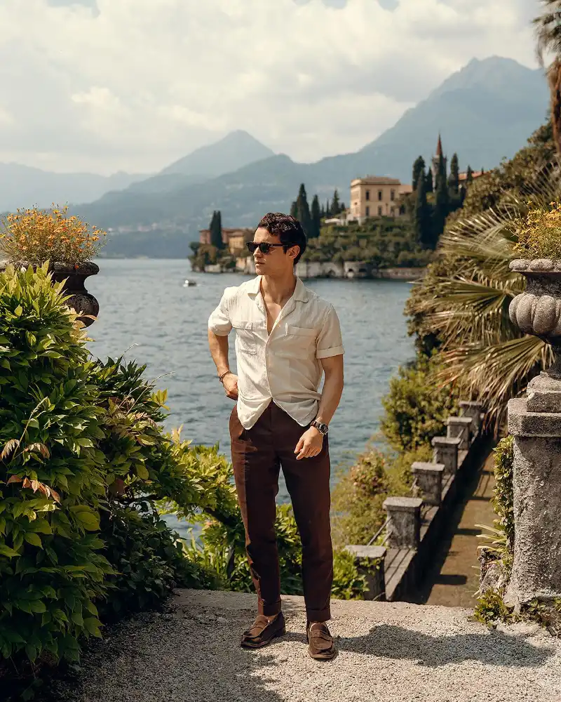Cream Camp Collar Shirt with Brown Trousers and Suede Loafers