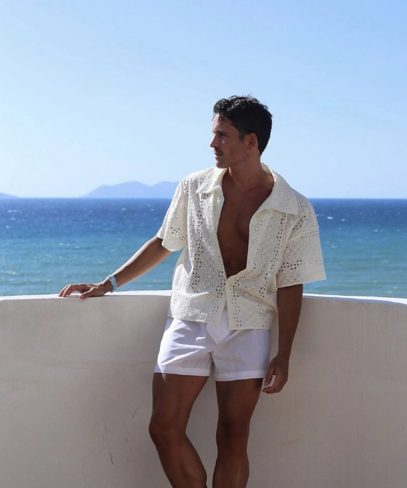 Cream Eyelet Short-Sleeve Shirt with Solid White Shorts