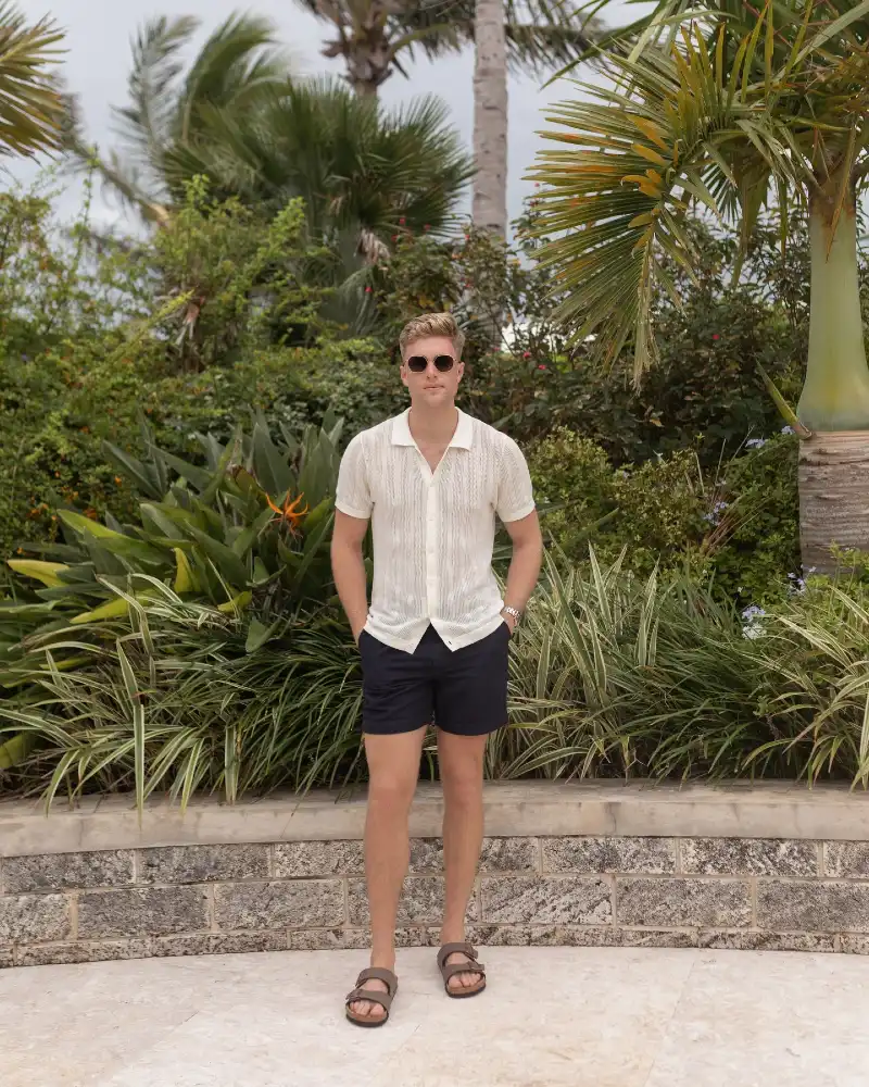 Cream Knit Button-Up with Navy Tailored Shorts