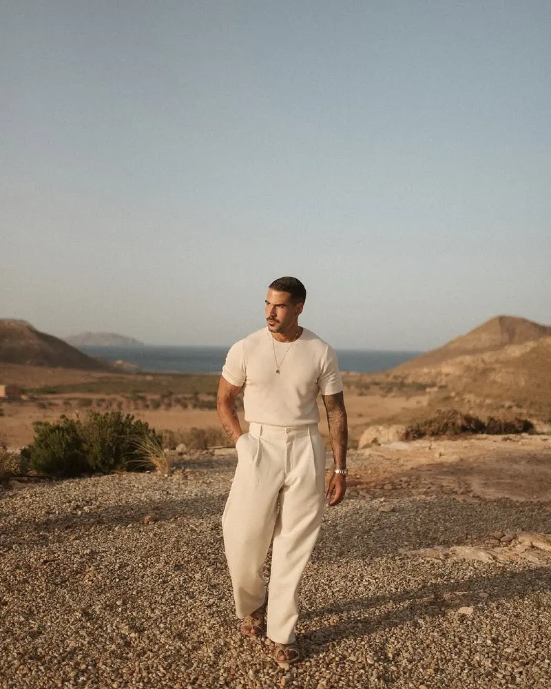  Cream Knit Tee with High-Waisted Pleated Trousers
