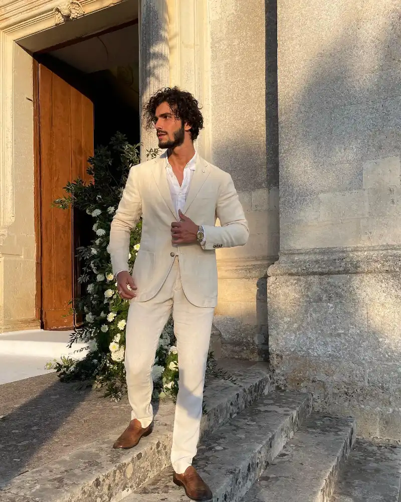 Cream Linen Suit with White Shirt and Brown Leather Loafers