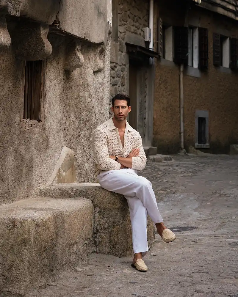 Cream Open-Knit Polo with White Trousers and Woven Mules