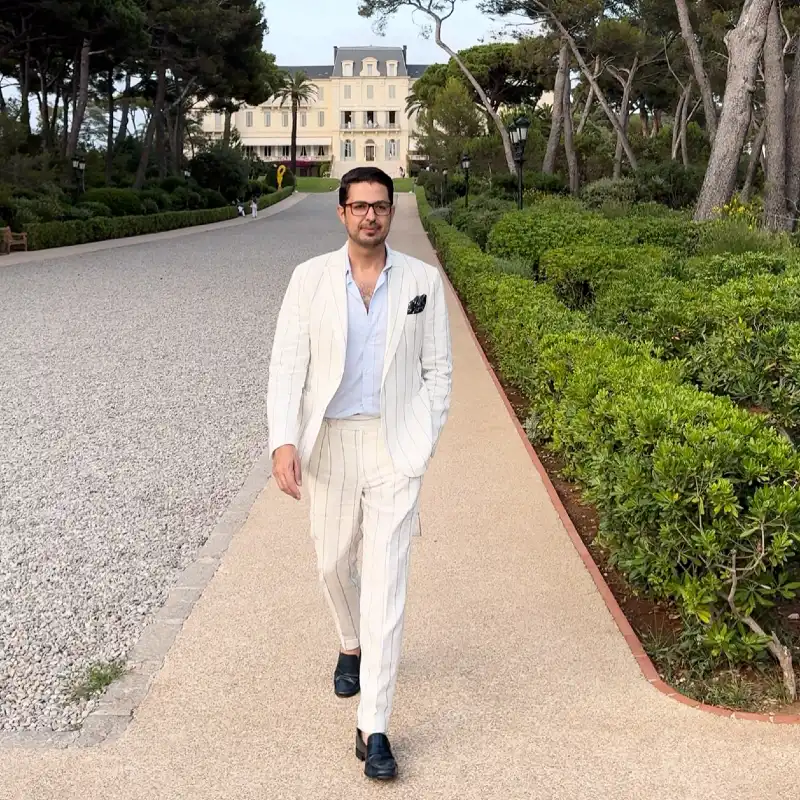  Cream Pinstripe Suit with Light Blue Shirt and Dark Loafers