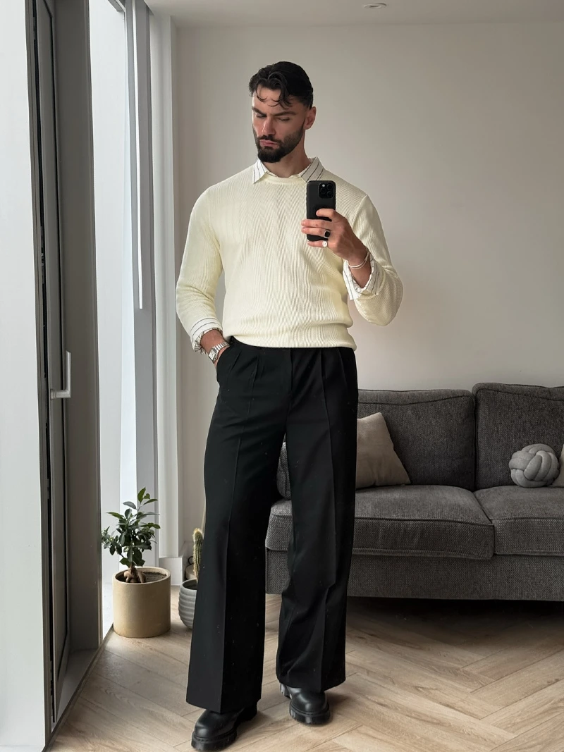 Cream Ribbed Sweater over Striped Shirt with Wide Trousers