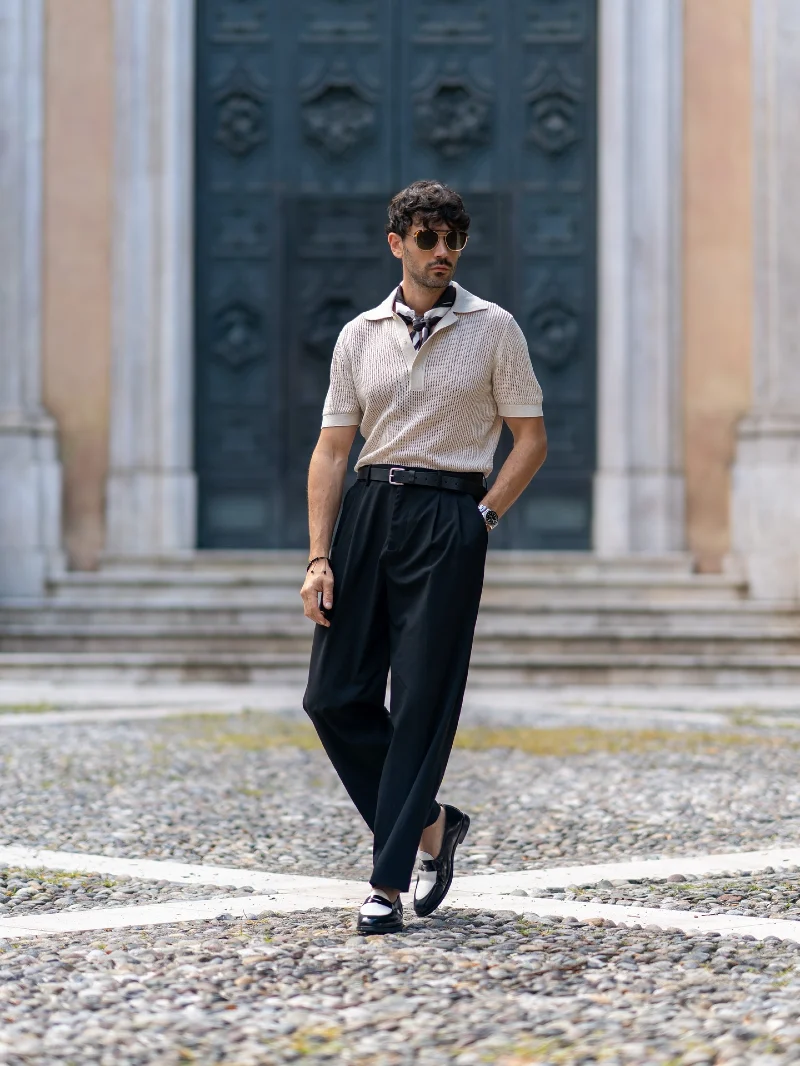 Cream Textured Polo with Wide Black Trousers and Two-Tone Loafers