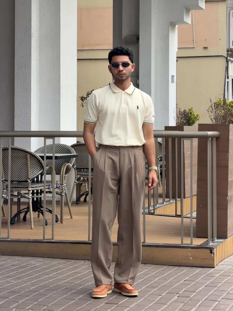 Cream Tipped Polo with Taupe Pleated Trousers and Rust Suede Loafers