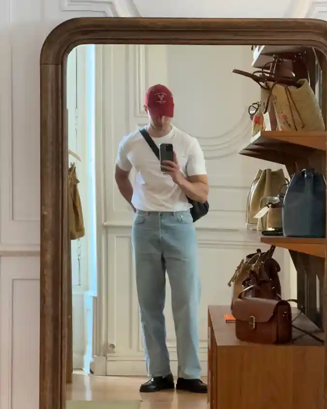 Crimson Cap and Straight-Leg Denim - Effortless Weekend Urbanism